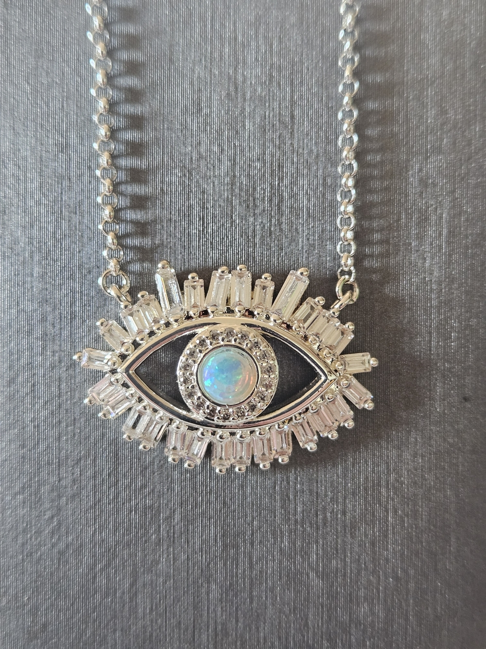 Silver Eye Pendant Necklace with Opal Center and Black Enamel